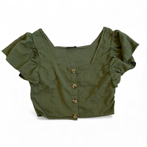 Cotton On Tops - Cotton On Olive Green Button-Up Crop Flutter Sleeve Top
